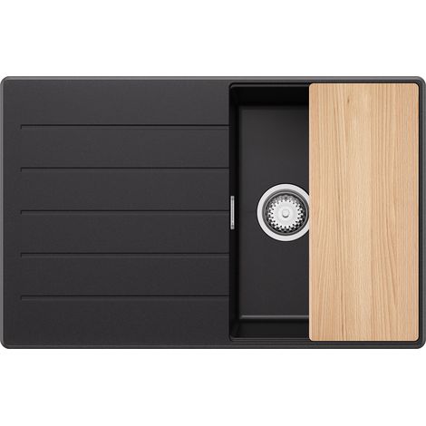 PRIMAGRAN Evier Cuisine en Granit 78x50cm, Lavabo 1 bac + Kit de Vidage + Planche à Découper, Évier à Encastrer au meuble 45cm - Copenhague, Noir (1/5)