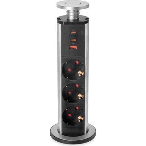 emuca multiconector extraíble vertikal, 3 enchufes tipo schuko, 1 usb tipo a, 2 usb tipo c, plástico y aluminio, gris metalizado