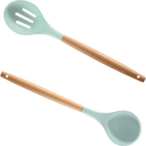 Ustensile De Cuisine En Silicone - Tete En Silicone Flexible - Manche En Bois Naturel - Compatible Poêles Antiadhésives - Lot De 2 (1/5)