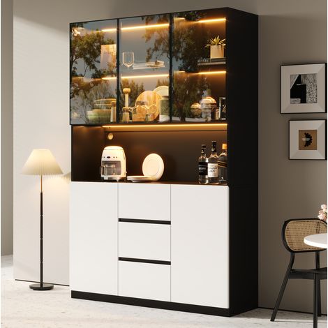 Vitrina LED de cristal templado 120 x 40 x 200 cm, 3 cajones, 2 puertas, negro y blanco HAVRYA (1/5)
