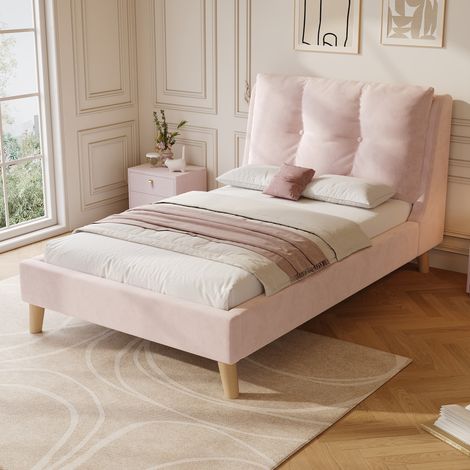 Kinderbett Samt Pink 90x200 cm mit Lattenrost, höhenverstellbarem Kopfteil und Massivholzbeinen