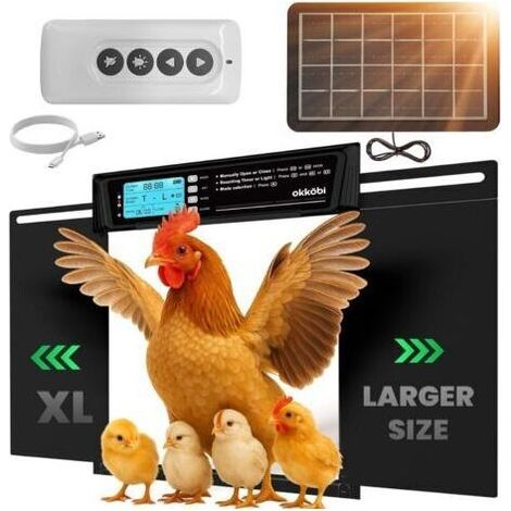 Porte Poulailler Automatique XL - Panneau Solaire – Ecran LCD, Télécommande, Capteur Lumière, Minuterie & Sécurité Anti-Pincement – Large Ouverture 28,7 x 22,1 cm – Protection 5 Ans (1/4)