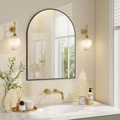 SONGMICS Specchio Bagno, Specchio da Parete, ad Arco, Cornice in Alluminio, 81 x 61 cm, Pellicola di Sicurezza, Facile da Montare, Soggiorno Camera da Letto, Nero Inchiostro LWM015BD01 (1/5)