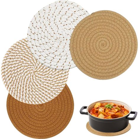 Ensemble de 4 tapis ronds en coton tissé résistant à la chaleur de 18 cm- adaptés à la cuisine- aux bols- casseroles- poêles- théières et assiettes (kaki). (1/5)