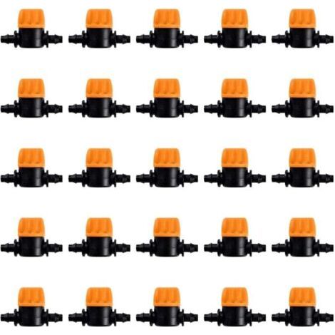 25 Pièces 4/7 Vanne D'irrigation, Mini Valves de Contrôle pour Tuyau d'arrosage 4/7mm, Valves d'arrêt Cannelées 1/4 Pouce Tuyau d'irrigation Goutte à Goutte, Mini Tuyau Vanne d'eau Travers