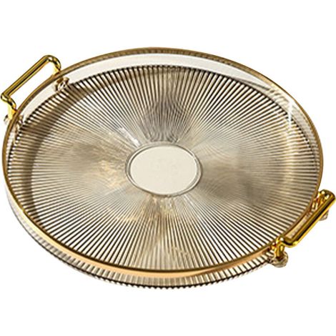 Plateau Rond Transparent avec Poignées - Idéal pour Pain, Fruits, Desserts, Snacks - Cuisine ou Salle de Bain - Couleur Ambre Doré (1/5)
