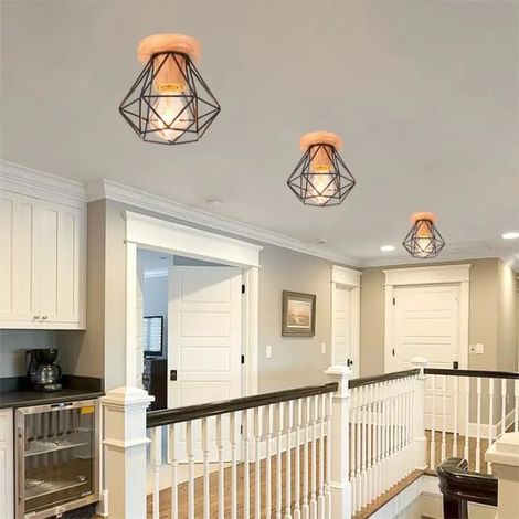 3pcs Plafonnier Retro en Cage Diamant Noir,Lampe Plafonnier Industriel en Métal Style Edison pour Salon Chambre (1/4)