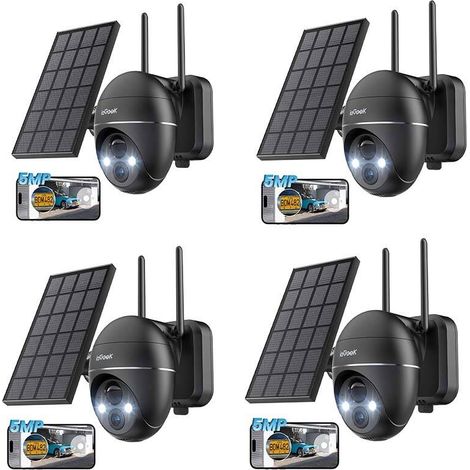 Caméras de surveillance solaires sans fil WiFi ieGeek (4 unités) 5MP, vision nocturne en couleur à 15m, détection humaine PIR & sirène d'alarme, caméra réseau à batterie, audio bidirectionnel, stockag (1/5)