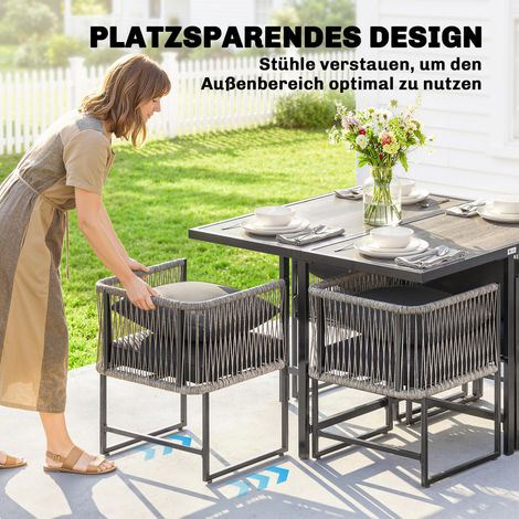 Ensemble salon de jardin en résine tressée, 5 pièces, table et 4 fauteuils, assises rembourrées, gris, compact