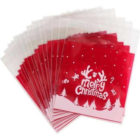 Lot de 100 sachets de Noël transparents en plastique auto-adhésifs pour bonbons, biscuits, fêtes de Noël (10 x 10 + 3 cm) (1/4)