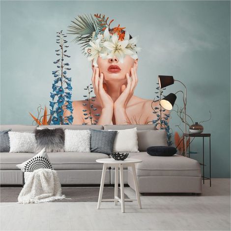 Sfondo fotografico Profhome 399111 Carta da parati TNT goffrata a caldo liscia con motivo floreale opaca blu beige verde arancione 3,71 m x 2,8 m (1/4)