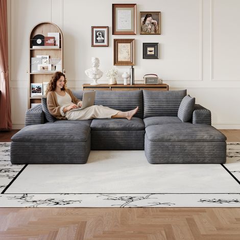 Canapé Cloud de 260 cm en velours côtelé, conception à double couche, housse amovible, livré monté – idéal pour salon, chambre, salle de conférence et appartement, coloris gris foncé. (1/5)