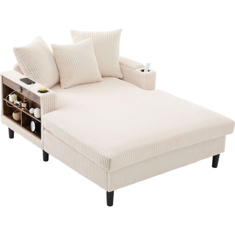 Chaise longue multifonction en tissu côtelé beige, avec porte-gobelets, LED, rangement et port USB, idéale pour salon et balcon  CHICFURN (1/5)