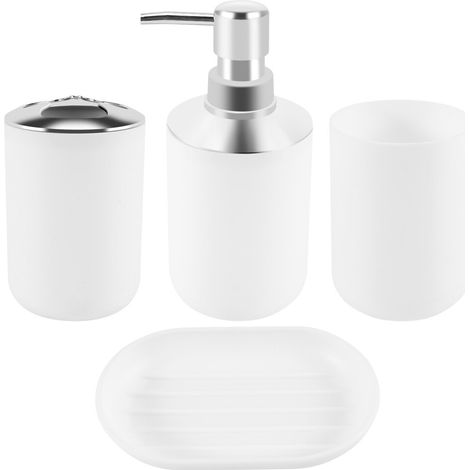 Vierteiliges Badezimmer-Accessoire-Set aus Kunststoff, inklusive Toilettenbürste und Zahnbürstenhalter.
