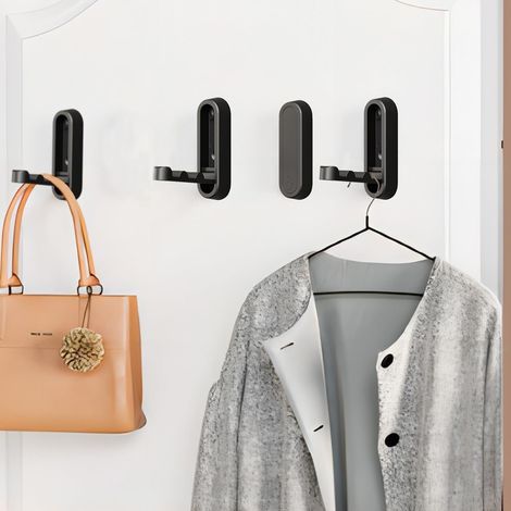 Juego de 4 ganchos de pared plegables para baño, abrigos, albornoces, bolsos solución de almacenamiento para baño, armario, entrada, piscina y cocina (negro mate). (1/5)