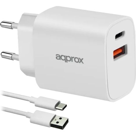 CARGADOR USB DE VIAJE/PARED 1xUSB/USB-C + CABLE USB-A A USB-C 20W BLANCO APPROX