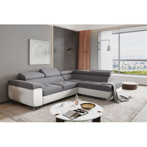 Ecksofa Sofa JADE Stoff Soft / Sawana Weiss-Grau mit Schlaffunktion Ottomane Rechts (1/2)