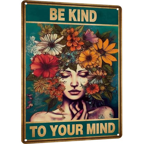 Décoration de chambre vintage, décoration de bureau boho, Plaques murales "Soyez gentil avec votre esprit", Affiches hippie pour l'esthétique de la maison, Plaque métallique rétro 30x20 cm (1/5)