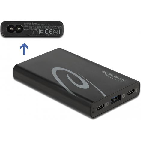 Delock Cargador USB 2 x USB Type-Câ¢ PD 3.0 + 1 x USB Tipa-A con 60 W