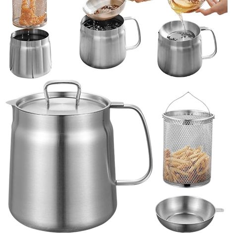 Olla freidora con cesto, mini olla freidora, contenedor de grasa con filtro de malla fina, contenedor de grasa, lata de grasa, colador de grasa con asa, olla con filtro de aceite de 2L para freír, coc (1/5)