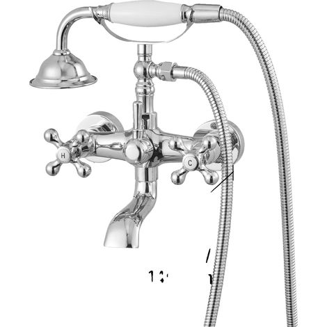 Rubinetto per vasca da bagno a parete, con doccetta inclusa e beccuccio corto cromato. (1/2)