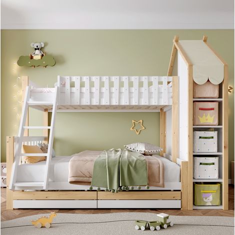 Cama litera infantil con almacenaje pino 90x200+140x200 OKMYHOME (1/5)