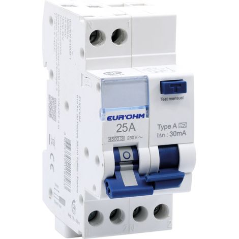24125 Eur'ohm Disjoncteur Différentiel 25a 1p+n Courbe C 30ma Connexion à Vis Type A   Nf