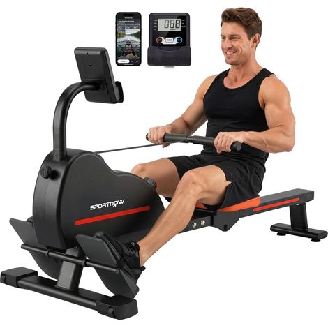 Rameur magnétique - appareil de musculation - SPORTNOW - bluetooth connecté Kinomap & Zwift écran LCD - métal - 135x42x72cm - rouge