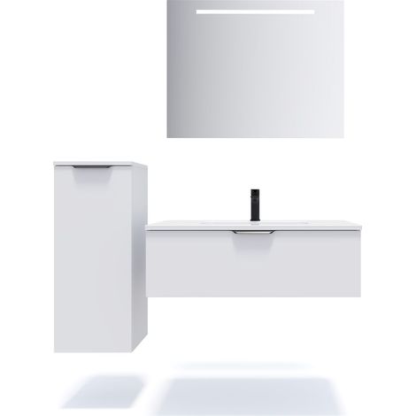Meuble de salle de bain suspendu vasque intégrée 90cm 1 tiroir Blanc + miroir + colonne ouverture gauche - Soho (1/5)