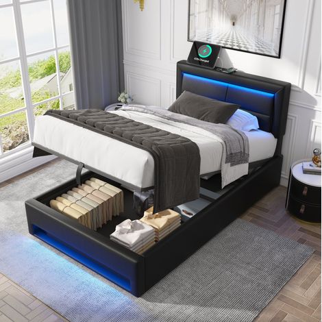Cama tapizada PU negra 90x200 cm con almacenamiento, LED y USB, somier de láminas incluido (1/5)