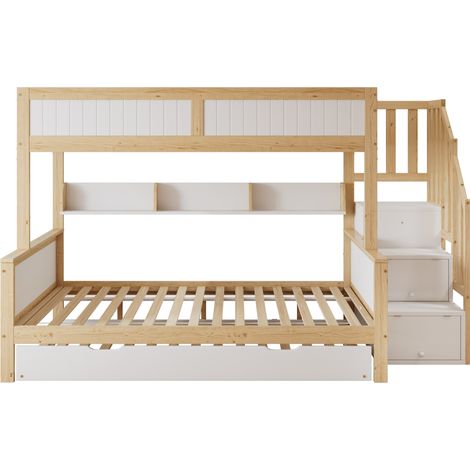 Lit superposé, lit pour enfant, avec protection antichute et barrière, conçu avec trois positions de couchage, avec lit gigogne, avec armoire, escalier d'angle, pin+MDF, blanc+naturel, 90x200&90x190&1 (1/5)