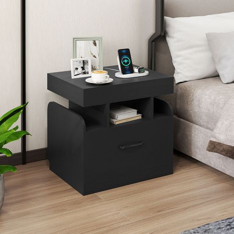 Table de Chevet avec Station de Charge Table de Nuit avec Tiroir & Rangement Supérieur Coulissant Table d'Appoint Moderne avec Plateau Noir (1/5)