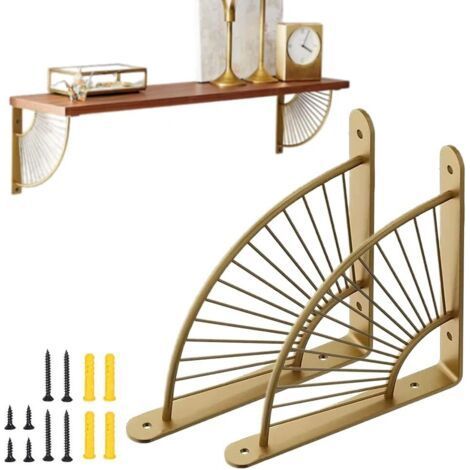 Lot de 2 Équerre pour Étagere Murale 200mm Support Console Acier Inoxydable Equerre Murale Supports d'Étagère pour Étagere Murale en Fer Supports (Or) (1/5)