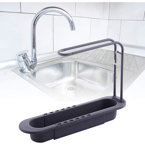 Adjustable dish drainer with towel bar, kitchen storage rack, telescopic hanging sponge basket, cloth drainer, space saver (color: gray, size: 25.5 x (1/5)