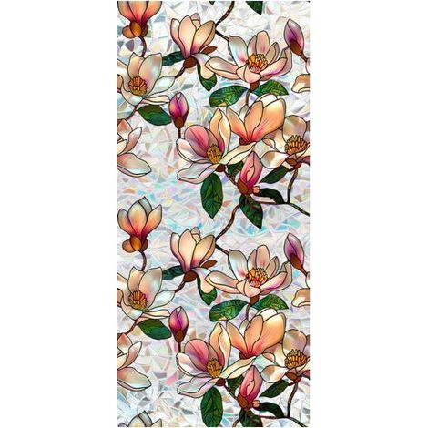 Film adhésif rétro pour fenêtre à motifs floraux et de magnolia, pour préserver l'intimité, effet vitrail, coloré et fleuri, autocollants arc-en-ciel, idéal pour le salon, protection solaire. (1/5)