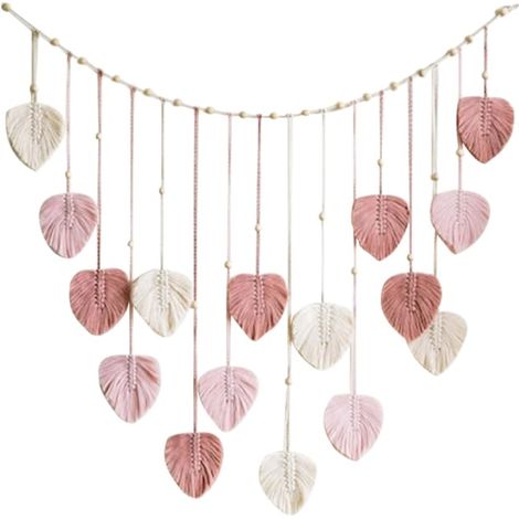 Grande tenture murale bohème tissée à la main avec perles et feuilles décoration pour salon et chambre 75 x 120 cm couleur rose (1/5)