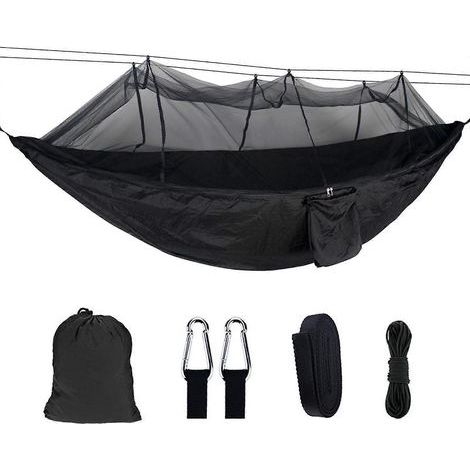 Hamac double avec moustiquaire et sac de rangement, en tissu parachute haute résistance, idéal pour le camping, la chasse et la randonnée (noir). (1/5)
