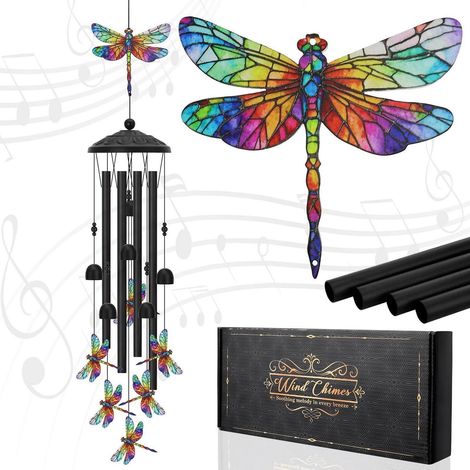 Libellen Windspiel 90cm, Metall, Wetterfest, Beruhigender Klang, Geschenkbox