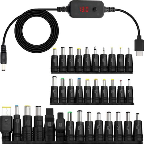 Câble adaptateur PD vers DC, 5 V/9 V/12 V/15 V/20 V, USB Boost Converter DC Digital Display Router Cable, Type C to DC5521 with DC Conversion Heads (34 DC Conversion Heads)