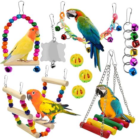 Set of 9 parrot toys including swing, hammock, bells, ladder, mirror, chew toy, parakeet toy, budgie toy, parakeets, parakeets, bird cages (1/5)