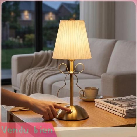 Lampe de bureau à chargement USB Lampe de Table sans Fil avec Abat-jour en Osier tissé, Base en Fer doré, deco lampe (1/4)