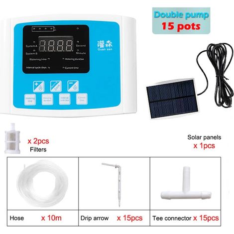 (Double pompe, bleu, tuyau de 10 mètres) Système d'irrigation goutte à goutte pour jardin, programmateur, énergie solaire. (1/5)