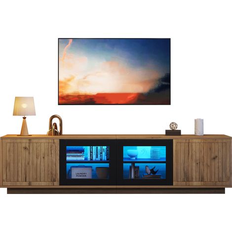 Meuble TV bas 180x40x45 cm avec 2 portes, bandeau LED et finition verre bois,naturel + noir (1/5)