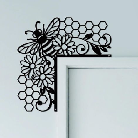 JSSEVN-Abeilles et Fleurs Ornement de Cadre de Porte en Métal, Décoration Murale Noire pour Porte, Art Déco Originale d'angle de Portail (1/5)