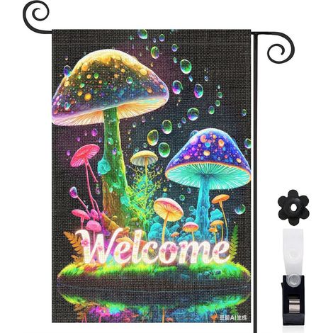 Drapeau de jardin 30 x 45 cm motif champignons colorés et ambiance magique toile double face durable (1/5)