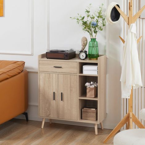 Buffet Salon Moderne Portes Tiroir Étagères Ouvertes Mobilier Intérieur 80x30x96,5cm (1/4)