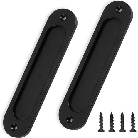 Lot de 2 poignées de porte de grange - Noir mat - 15,2 cm - Rondes - Plaque plate encastrée - Poignées de porte coulissantes - Poignée en aluminium pour placards et tiroirs (1/4)