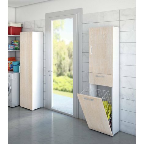 Dmora Armario multiusos Escolzia, Mueble lavadero lineal con 2 puertas, Columna de baño con cesto de ropa, 100% Made in Italy, Cm 45x32h195, Roble y Blanco, con embalaje reforzado (1/4)
