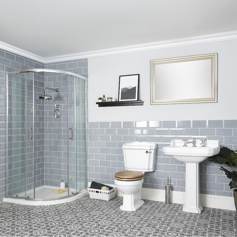 Milano Legend White Reversible Quadrant Shower Enclosure Ceramic Close Coupled Toilet WC and Full Pedestal Bathroom Basin Sink - 3 Tap Hole Basin (1/5)