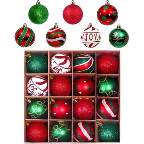 16 rote und grüne Weihnachtskugeln, Hängedekoration für den Weihnachtsbaum, festliche Ornamente.